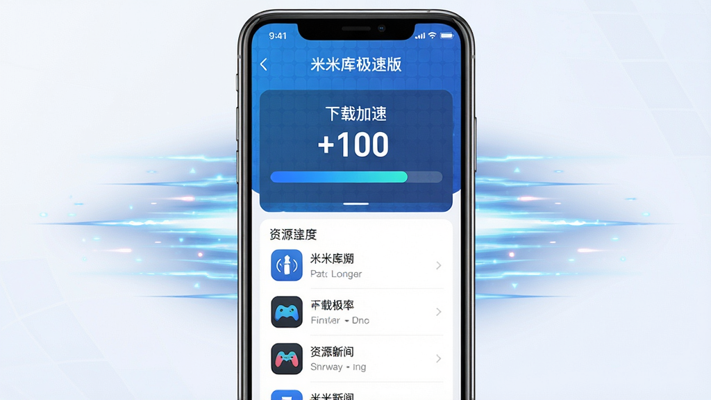 主体:米米库极速版APP界面展示,手机屏幕中显示下载加速进度条与资源列表。布局:手机居中,屏幕内容清晰可辨,周围有简洁的速度光效。排版:界面元素排列整齐,功能图标一目了然。风格:现代科技感,蓝色主色调,简洁明亮。细节:屏幕中显示“米米库极速版”字样,下载速度数字醒目,背景有轻微网格纹理。画质:高清渲染,干净无多余元素。
