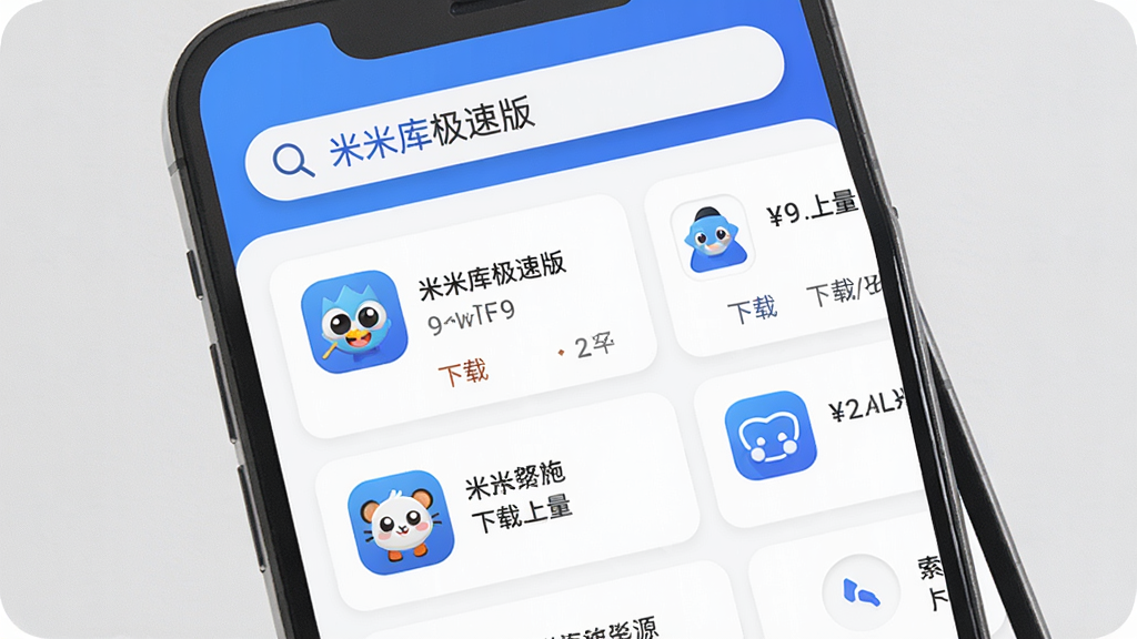 主体:米米库极速版搜索界面,显示搜索结果列表。布局:手机屏幕占据画面主体,搜索结果以卡片形式排列。排版:顶部搜索框有“米米库极速版”字样,下方为资源卡片。风格:简约现代,蓝白配色。细节:每个卡片显示应用图标、名称和下载量。画质:清晰锐利,无多余元素。