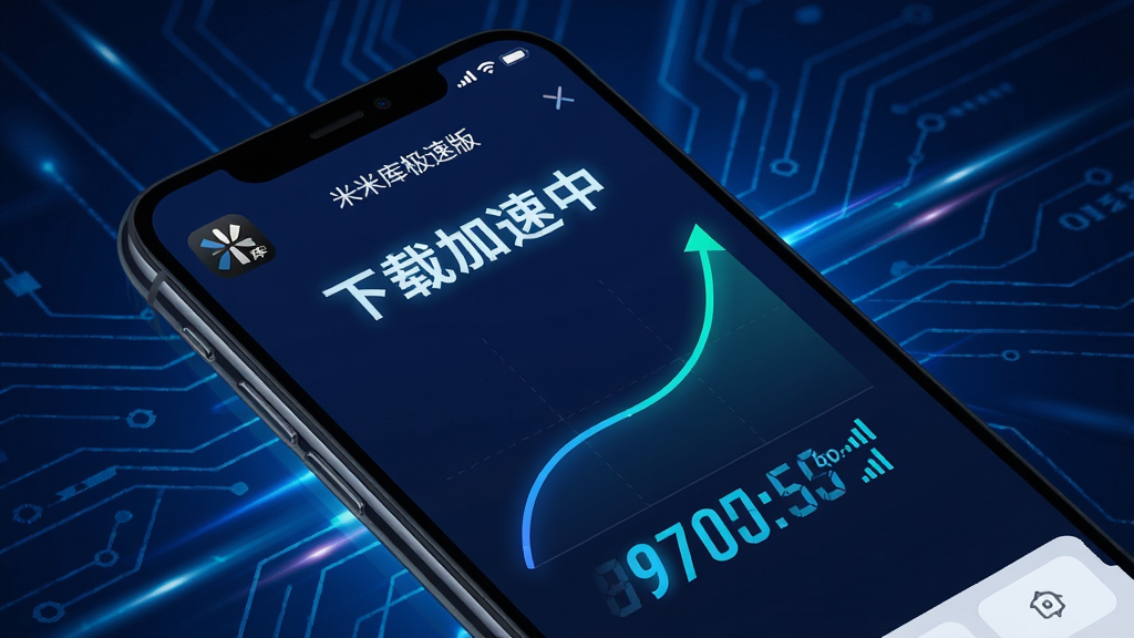 主体:手机屏幕中显示米米库极速版的加速下载界面,速度曲线图呈上升趋势。布局:手机斜放,背景为深蓝色科技光效。排版:界面中“下载加速中”字样醒目,速度数字动态展示。风格:科技感、动感光效。细节:画面包含米米库极速版LOGO,以及网络信号图标。画质:高清晰度,无多余元素。