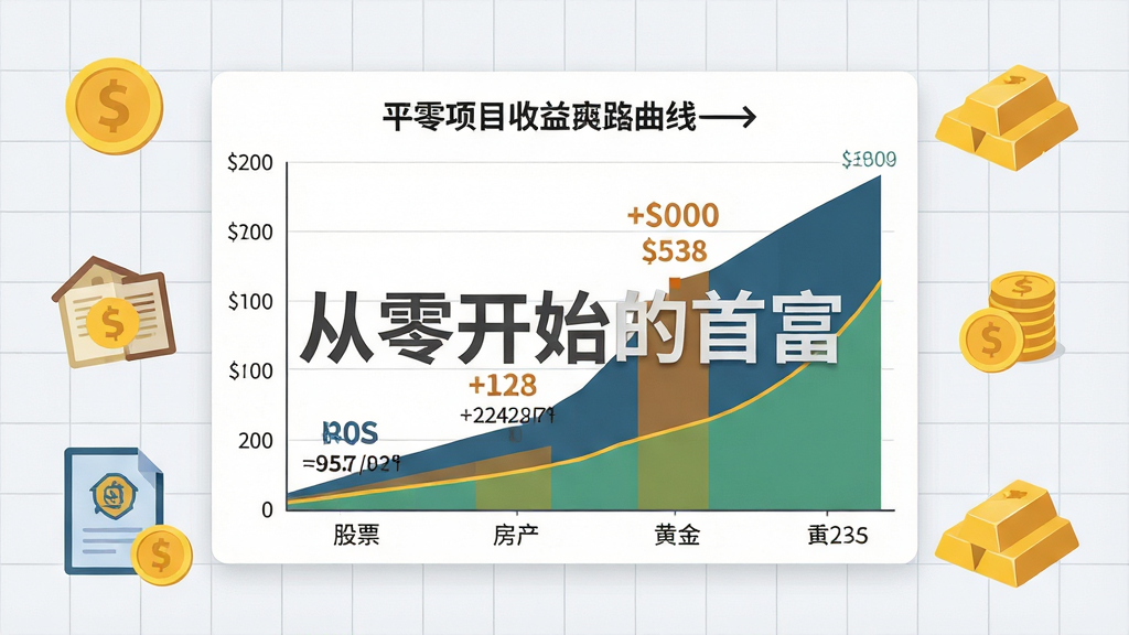 主体:一个商业图表,展示股票、房产、黄金等不同投资项目的收益曲线。布局:图表占据画面中央,周围环绕着金币、房本、金条等图标。排版:数据清晰,重点突出。风格:扁平化设计,配色专业。细节:图表上有“从零开始的首富”的水印,背景是简洁的网格。画质:高清,干净,无多余元素。