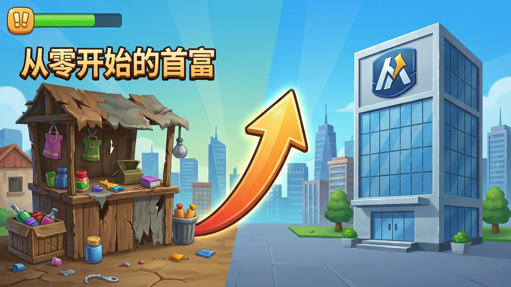 主体:游戏界面截图,展示从地摊到公司的升级过程。布局:左侧是破旧的地摊,右侧是现代化的办公楼,中间用一条上升的箭头连接。排版:对比鲜明,视觉冲击力强。风格:游戏UI风格,色彩鲜艳。细节:地摊上有“从零开始的首富”字样,办公楼上有公司Logo,背景是城市天际线。画质:高清,干净,无多余元素。