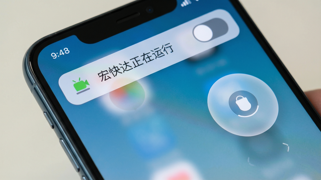 主体:宏快达APP在手机后台运行时的界面,显示悬浮球和通知栏快捷开关。布局:手机屏幕亮起,悬浮球在右侧,顶部有通知栏。排版:悬浮球半透明,通知栏显示“宏快达正在运行”。风格:真实场景摄影,手机为现代全面屏。细节:屏幕画面干净,光线柔和。画质:高清写实,无多余元素。