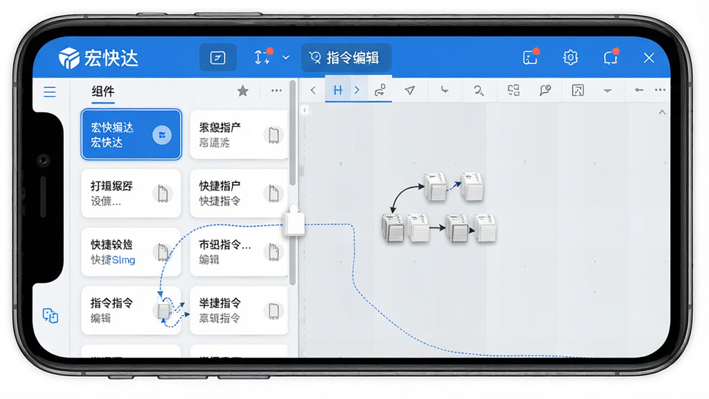 主体:宏快达软件的“快捷指令编辑”界面,左侧为指令组件列表,右侧为编辑区域。布局:左右分栏式界面,手机屏幕模拟图。排版:指令组件以卡片形式排列,拖拽线连接。风格:清新简约,蓝白配色。细节:屏幕中显示“宏快达”logo及“指令编辑”字样。画质:高清细腻,无多余元素。