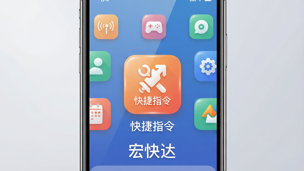 主体:宏快达APP主界面,展示简洁的模块化布局,手机屏幕中央显示“快捷指令”大图标,周围环绕功能图标。布局:居中构图,手机模型占画面主体,背景为浅灰色渐变。排版:图标整齐排列,下方配以“宏快达”文字标识。风格:现代扁平化设计,色彩明快。细节:界面元素清晰,高光质感。画质:8K超清,干净无多余元素。