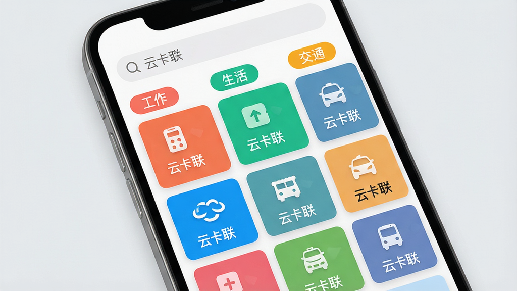 主体:手机屏幕展示“云卡联”应用卡片分类管理界面,不同颜色的卡片分类标签(工作、生活、交通)整齐排列,布局:屏幕上方为搜索栏,下方为卡片网格,排版:卡片以网格形式均匀分布,每张卡片显示图标和名称,风格:扁平化设计,色彩明快,细节:卡片上文字“云卡联”清晰可见,背景为淡灰色,画质:高清,干净,无多余元素
