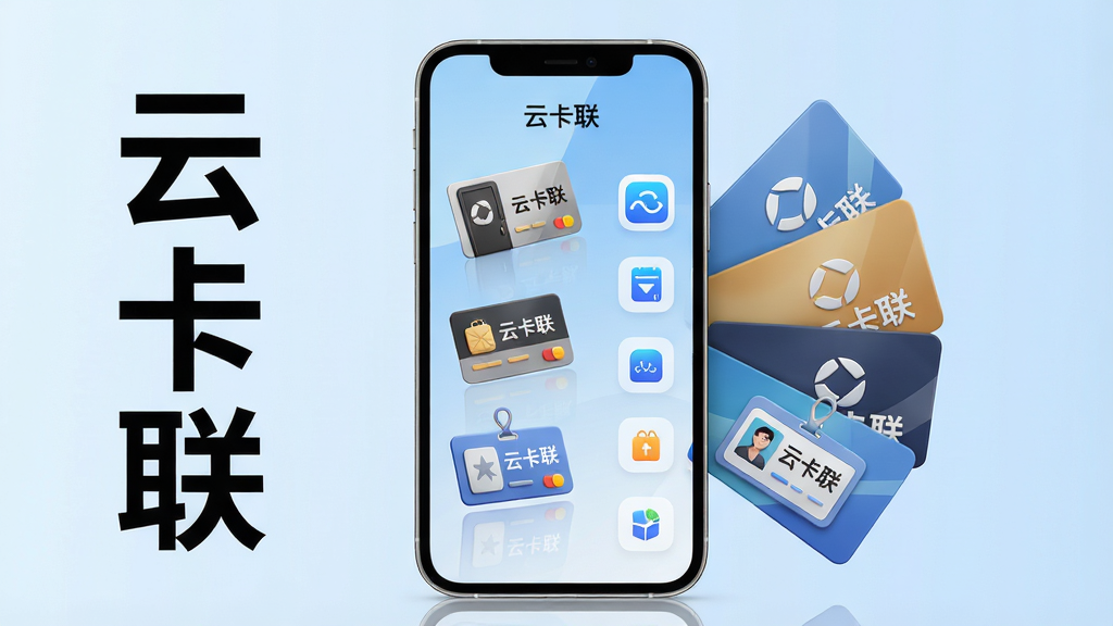 主体:一部智能手机屏幕显示“云卡联”应用界面,界面醒目展示多种数字卡片(门禁卡、会员卡、工牌)的3D图标,背景为浅蓝色渐变,布局:手机居中,卡片呈扇形环绕排列,排版:左侧为应用名称“云卡联”竖排大字,右侧为功能图标列表,风格:现代简约,科技感,细节:卡片上印有“云卡联”字样,屏幕反光效果,画质:8K超清,干净,无多余元素