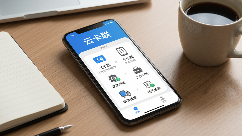 主体:一部手机展示“云卡联”应用使用教程界面,屏幕上显示步骤指引,背景为办公桌,布局:手机放在桌面,旁边有笔记本和咖啡杯,排版:屏幕内容为文字和图标,风格:写实摄影,细节:手机屏幕显示“云卡联”字样,画质:4K,干净,无多余元素