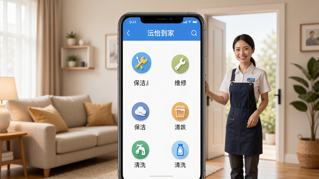 主体:怡到家APP界面展示,手机屏幕中显示家政服务列表,包含保洁、维修、清洗等图标,背景为温馨的客厅环境,一位专业服务人员微笑着站在门口,整体布局清晰,排版简洁,风格写实明亮,细节丰富,画质高清,干净无多余元素。