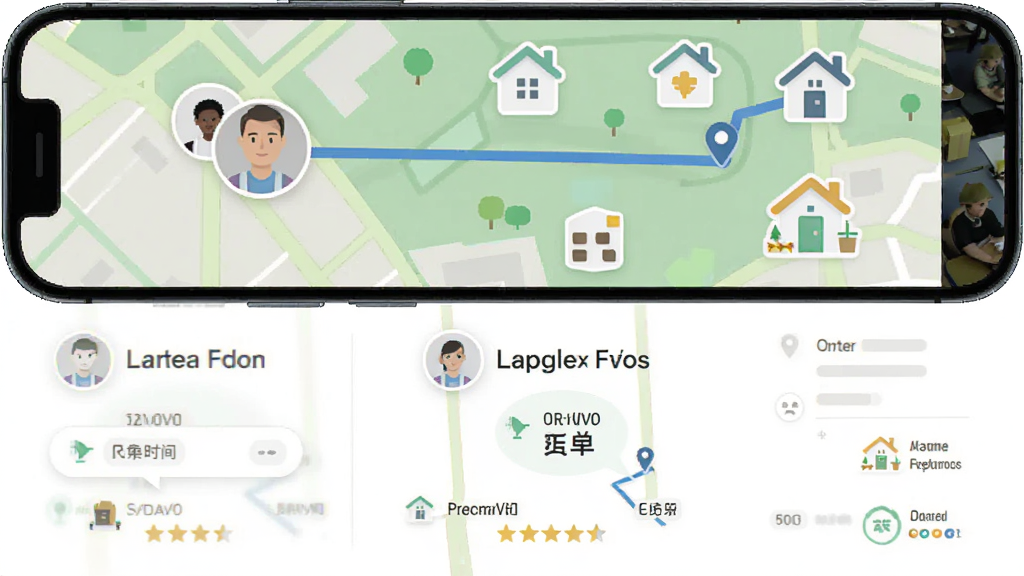 主体:智能匹配功能示意,手机地图上显示服务人员头像与用户位置,路线连线清晰,周围有家政服务图标,布局采用分屏设计,上部分地图下部分订单详情,风格扁平化,细节包括时间标签和评价星级,画质干净明亮。