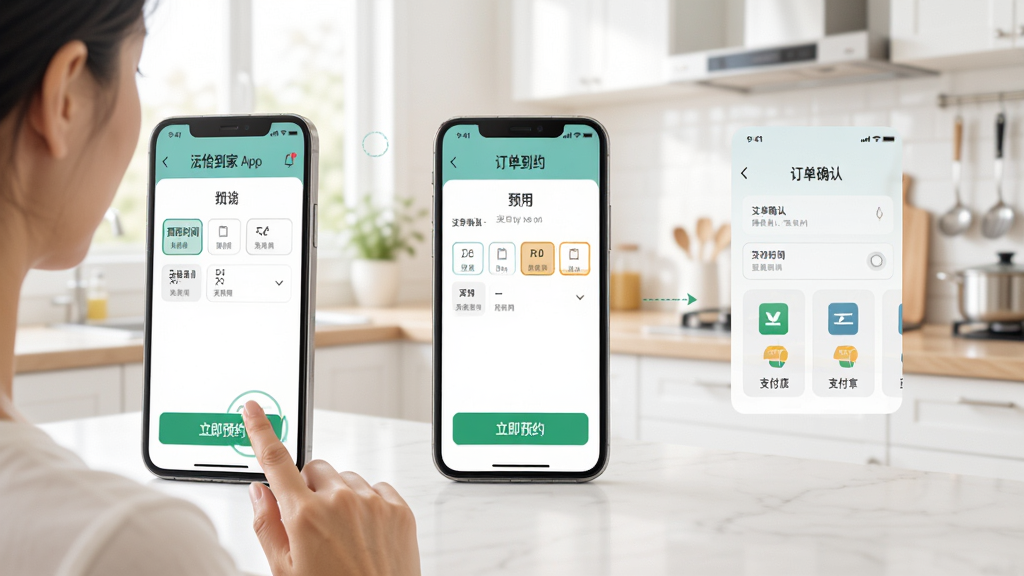 主体:用户使用手机操作怡到家App的步骤图,手指点击“立即预约”按钮,屏幕显示订单确认界面,背景为明亮的厨房,布局采用分步图示形式,风格简洁清晰,细节包括预约时间选择和支付方式图标,画质干净。