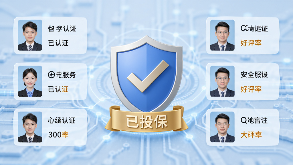 主体:安全认证标识与保险盾牌图标,周围环绕服务人员证件照和好评率数据,背景为淡蓝色科技感纹理,布局居中对称,风格简洁商务,细节包括“已认证”“已投保”字样,画质清晰干净。