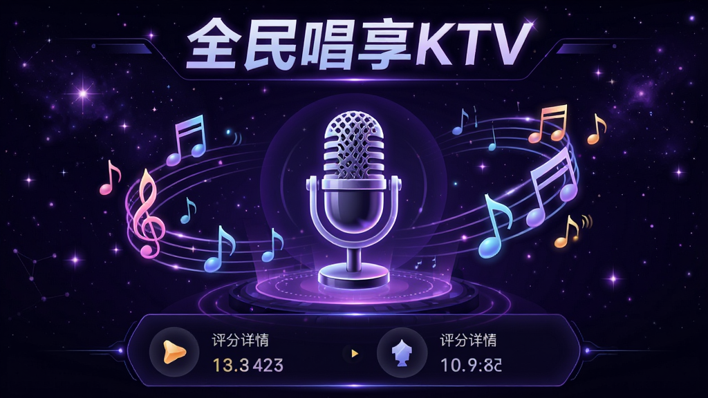 全民唱享KTV演唱评分界面展示图,画面中央为麦克风图标,周围环绕着音符和分数动画,背景为深紫色星空效果,上方显示“全民唱享KTV”字样,下方有评分详情区域,整体风格科技感十足,画质高清,干净无多余元素。