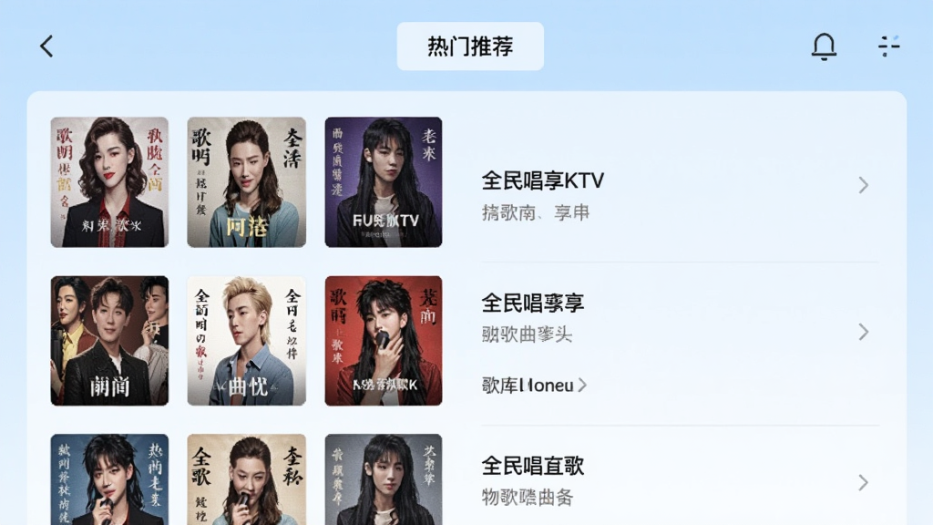 全民唱享KTV曲库界面截图预览图,画面展示歌曲列表页,左侧为歌曲封面缩略图,右侧显示歌名和歌手,顶部有“热门推荐”标签,背景采用淡蓝色渐变,整体排版整齐,画质清晰,干净无多余元素。