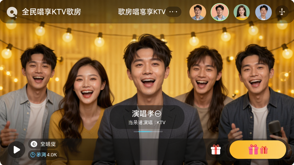 全民唱享KTV歌房互动界面预览图,画面展示多人连麦唱歌场景,顶部为歌房名称和成员头像,中央为当前演唱者信息,底部有聊天框和礼物按钮,背景采用暖黄色灯光效果,整体氛围温馨热闹,画质清晰,干净无多余元素。