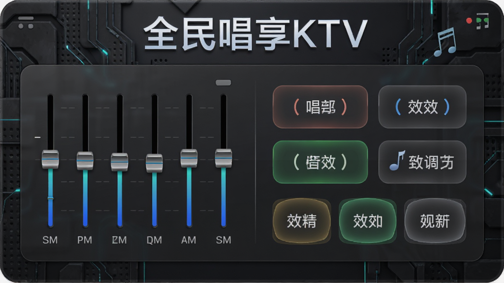 全民唱享KTV音效调节面板展示图,画面展示均衡器滑块和多种音效按钮,背景为深灰色科技纹理,上方有“全民唱享KTV”字样,整体界面简洁直观,画质细腻,干净无多余元素。