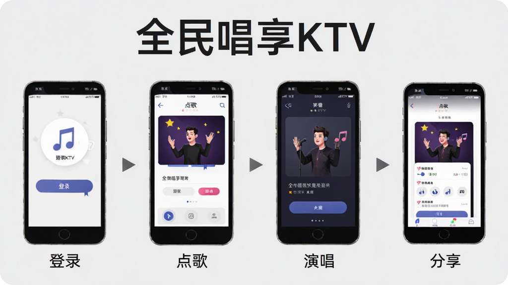 全民唱享KTV使用教程示意图,画面分为四个步骤,分别展示登录、点歌、演唱、分享界面,背景为浅灰色,上方有“全民唱享KTV”字样,整体布局简洁明了,画质清晰,干净无多余元素。