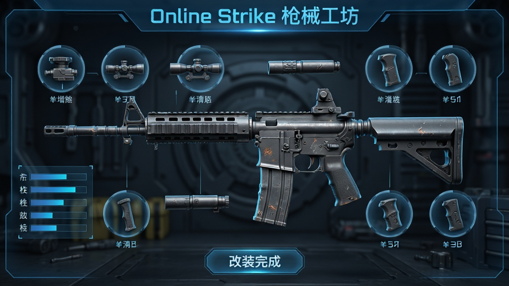 主体:枪械改装界面特写,画面中央是一把分解状态的M4步枪,周围悬浮着瞄准镜、消音器、握把等配件图标。布局:枪械水平放置,配件以圆形图标环绕排列,左侧显示性能参数条形图。排版:界面底部有“改装完成”按钮,上方标题栏写“Online Strike 枪械工坊”,字体为科技感蓝色。风格:未来科技感UI,半透明蓝色光效,金属质感。细节:每个配件图标下方有属性增减数值,枪身有磨损痕迹,背景为深色机械工作室。画质:高精度渲染,干净整洁,无多余元素。