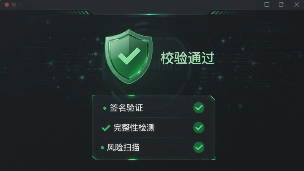 展示安装器进行资源安全校验的界面,画面中央显示一个盾牌形状的绿色安全图标,旁边标注“校验通过”,下方列出“签名验证”、“完整性检测”、“风险扫描”三项指标,均呈绿色对勾状态,整体背景为深灰色,科技感强,画质清晰,突出安全可靠。