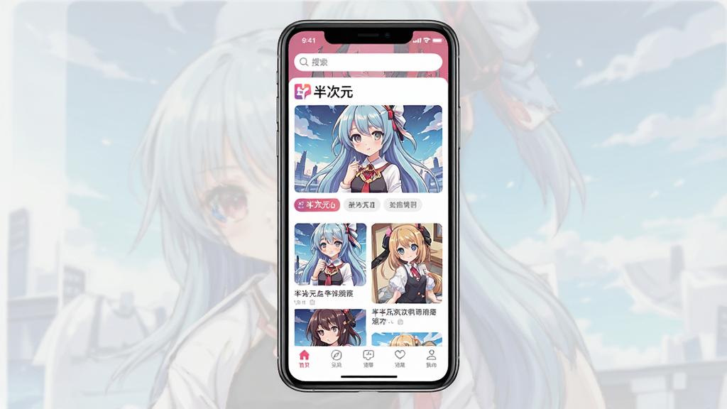主体:半次元APP界面展示,手机屏幕显示二次元同人插画社区首页,布局:手机居中,屏幕内呈现瀑布流图片与话题标签,排版:上方为搜索栏,中部为卡片式内容,底部为导航栏,风格:二次元动漫风格,色彩明快,细节:屏幕中显示“半次元”logo,画质:高清,干净,无多余元素