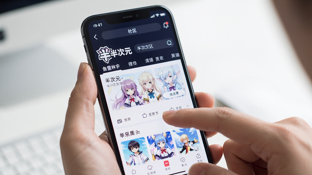 主体:用户正在手机上操作半次元APP,布局:手机特写,手指点击屏幕,排版:居中构图,风格:写实,细节:屏幕显示“半次元”社区页面,画质:高清,干净,无多余元素