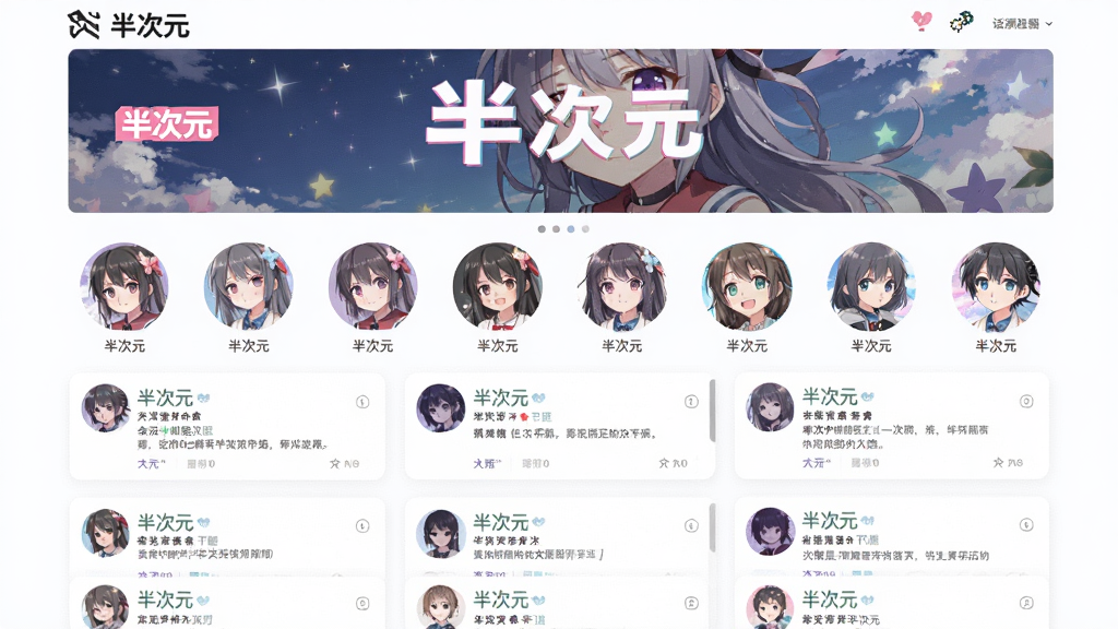 主体:“半次元”话题圈子页面,圆形头像排列,布局:顶部为话题封面,中部为贴子列表,排版:卡片式布局,风格:二次元清新风,细节:显示“半次元”话题标签,画质:高清,干净,无多余元素