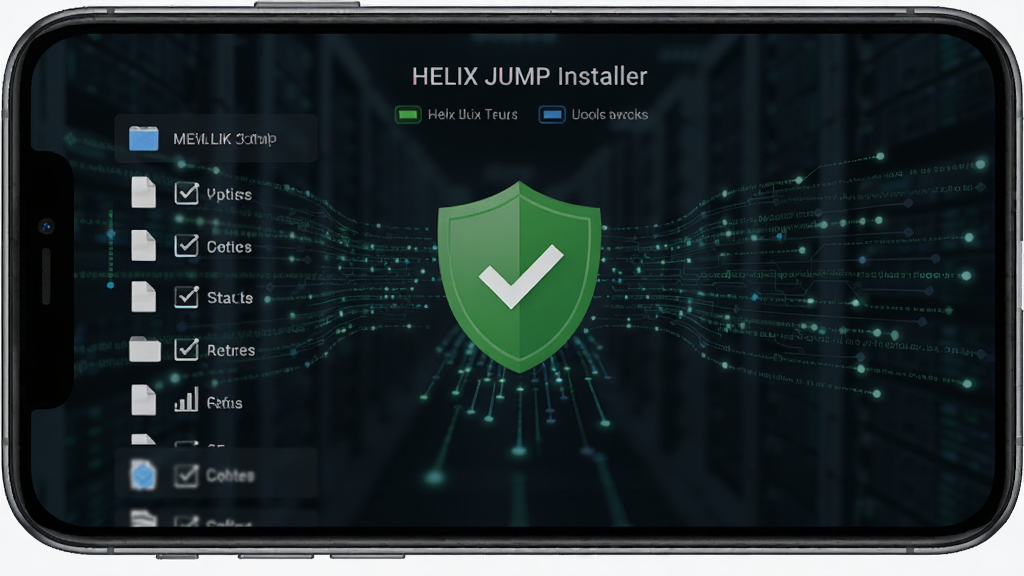 手机屏幕显示Helix Jump安装器校验界面,绿色盾牌图标与对勾,背景有数据流线条,布局居中,排版简约,风格科技感,细节有文件列表与校验状态标识,画质清晰干净,无多余元素。