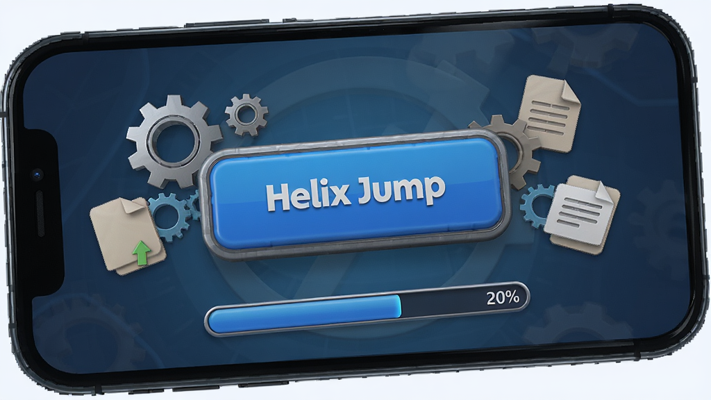 手机屏幕显示Helix Jump安装器界面,中央是一个大的蓝色安装按钮,周围环绕着齿轮与文件图标,布局左右均衡,排版清晰直观,风格写实3D渲染,细节有进度条百分比数字,画质细腻干净,无多余元素。