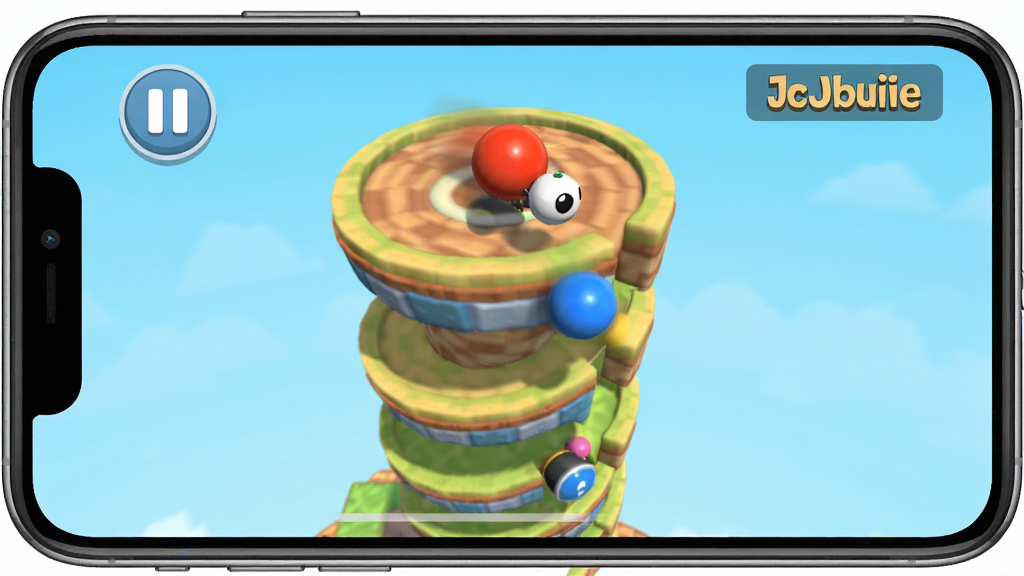 手机屏幕显示Helix Jump游戏画面,小球正从螺旋塔顶部向下跳跃,界面有暂停按钮与分数显示,布局上下结构,排版简洁,风格卡通渲染,细节有动态模糊效果,画质清晰干净,无多余元素。