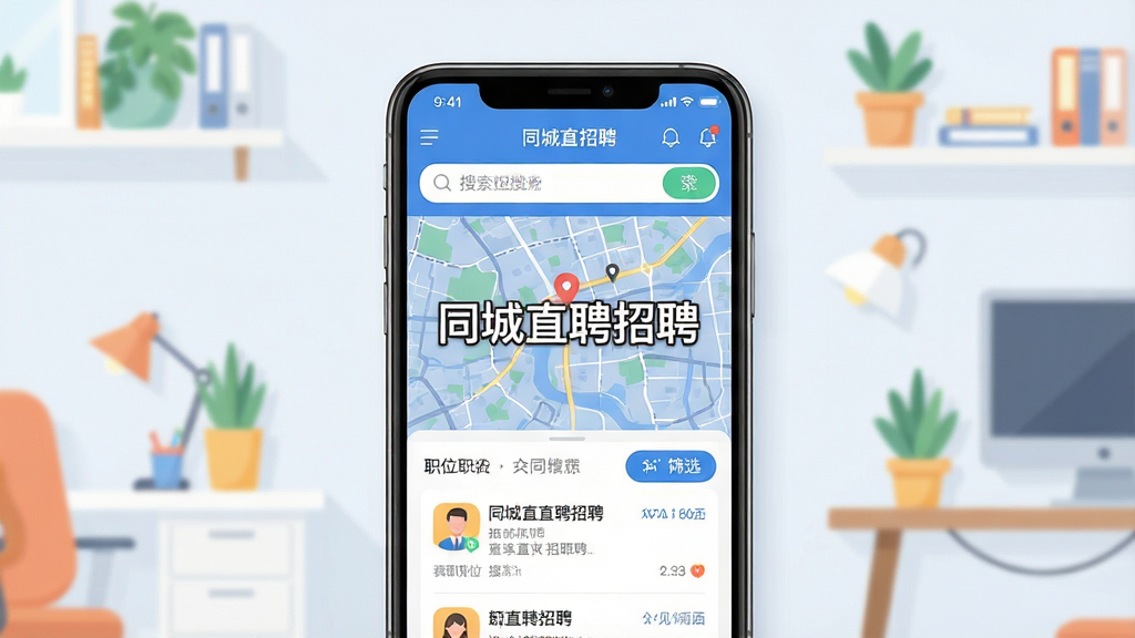 主体:一款智能手机屏幕展示“同城直聘招聘”App界面,屏幕中央有“同城直聘招聘”字样和城市地图背景;布局:手机位于画面中心,周围环绕简约的办公场景元素;排版:界面清晰显示搜索栏、职位列表、筛选按钮;风格:现代扁平化设计,色彩明快;细节:界面上的文字清晰可读,图标精致;画质:高清渲染,干净,无多余元素。