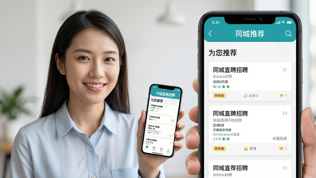 主体:一位求职者手持手机查看“同城直聘招聘”App的推荐职位列表;布局:人物位于画面左侧,手机屏幕放大展示在右侧;排版:手机屏幕上有“为您推荐”标题和几个职位卡片;风格:清新写实风格;细节:人物表情满意,屏幕上的职位名称清晰可辨;画质:高清,干净,无多余元素。
