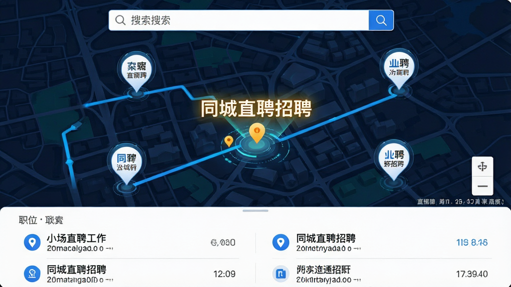主体:地图上分布着多个工作地点图标,其中一个被高亮显示为“同城直聘招聘”推荐职位;布局:地图占据画面主体,上方有搜索框;排版:地图下方有职位列表;风格:科技感地图风格;细节:图标上有公司名称,路线清晰;画质:高清,干净,无多余元素。
