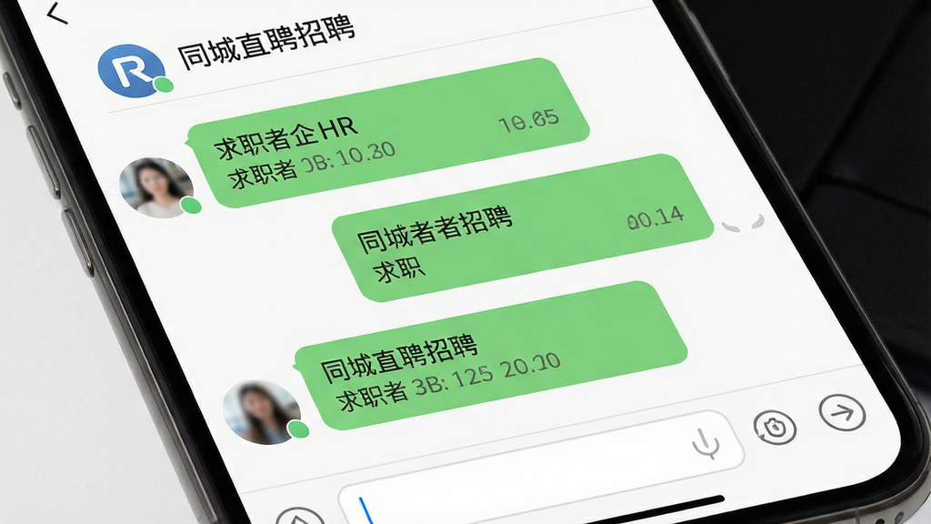 主体:手机聊天界面截图,显示“同城直聘招聘”App中求职者与HR的对话;布局:聊天界面充满整个画面,对话气泡清晰;排版:上方显示企业名称,下方是消息列表;风格:简洁扁平;细节:消息气泡带有时间戳,输入框在底部;画质:高清晰度,干净,无多余元素。