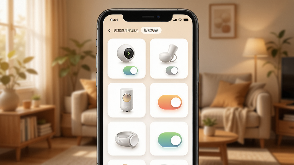 主体:达那喜手机应用远程控制界面,显示多个智能设备开关状态。布局:手机竖屏,背景为温馨家居环境。排版:设备卡片式排列,每个卡片有图标和开关按钮。风格:清新自然,暖色调。细节:开关按钮带有渐变效果,设备图标拟物化。画质:超清,干净,无多余元素。