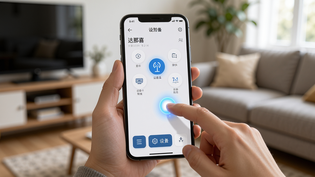 主体:用户手持手机操作达那喜应用,屏幕显示设备控制界面。布局:手机在画面中央,背景为模糊的客厅环境。排版:界面简洁,底部有功能按钮。风格:生活化,自然光。细节:手指点击屏幕,设备图标亮起。画质:高清,干净,无多余元素。