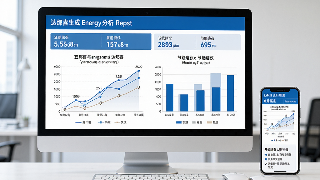 主体:达那喜生成的能源分析报告页面,包含折线图、条形图和节能建议。布局:报告在电脑屏幕上展示,旁边有手机同步显示。排版:报告顶部为总结数据,下方为详细图表。风格:专业商务,蓝白配色。细节:图表标注清晰,建议文字简洁。画质:高清,干净,无多余元素。