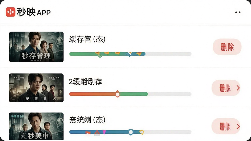 主体:秒映APP的“缓存管理”页面,显示已下载的剧集列表,每个项目有进度条和删除按钮。布局:手机屏幕展示列表,每行包含剧集海报、标题和缓存状态。排版:列表清晰,信息直观。风格:清爽实用,背景为白色。画质:干净,无多余元素。