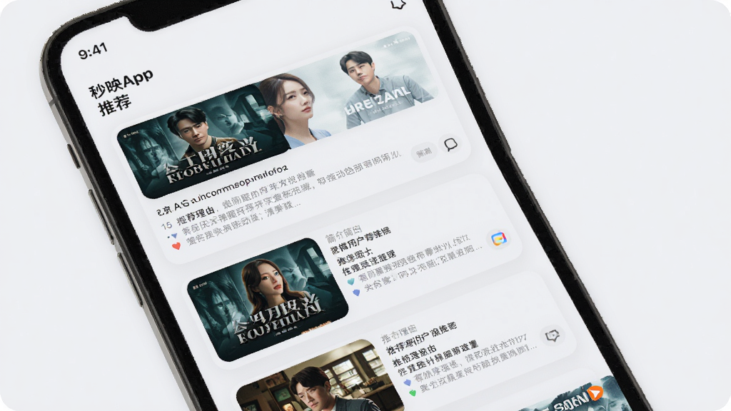 主体:秒映APP的“推荐”页面,展示根据用户喜好推荐的短剧卡片,卡片上有剧名和简介。布局:手机屏幕占据主画面,推荐卡片纵向排列,每张卡片包含海报、标题和推荐理由。排版:卡片风格统一,圆角设计,背景为浅灰色,整体视觉舒适。风格:简约现代,注重内容展示。画质:清晰,干净,无多余元素。