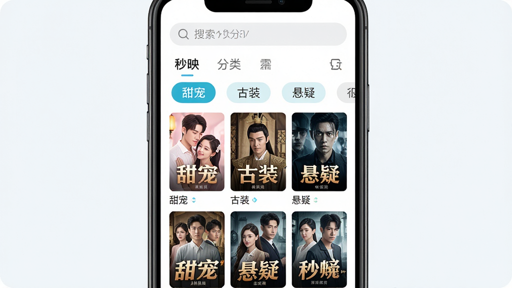 主体:手机屏幕展示秒映APP的短剧分类列表,包含“甜宠”、“古装”、“悬疑”等标签,每个标签下有对应的短剧封面缩略图。布局:手机居中,屏幕内以网格形式排列剧集海报,上方有搜索栏和分类导航。排版:分类标签横向排列,海报大小一致,间距均匀。风格:清新简洁,色彩明快,具有现代移动应用设计感。画质:高清,干净,无多余元素。