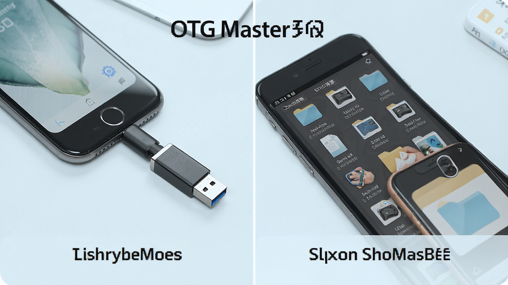 OTG Master使用步骤示意图,手机连接U盘,屏幕显示文件管理界面,步骤清晰,简洁教程风格,浅色背景,细节丰富,画质干净,无多余元素