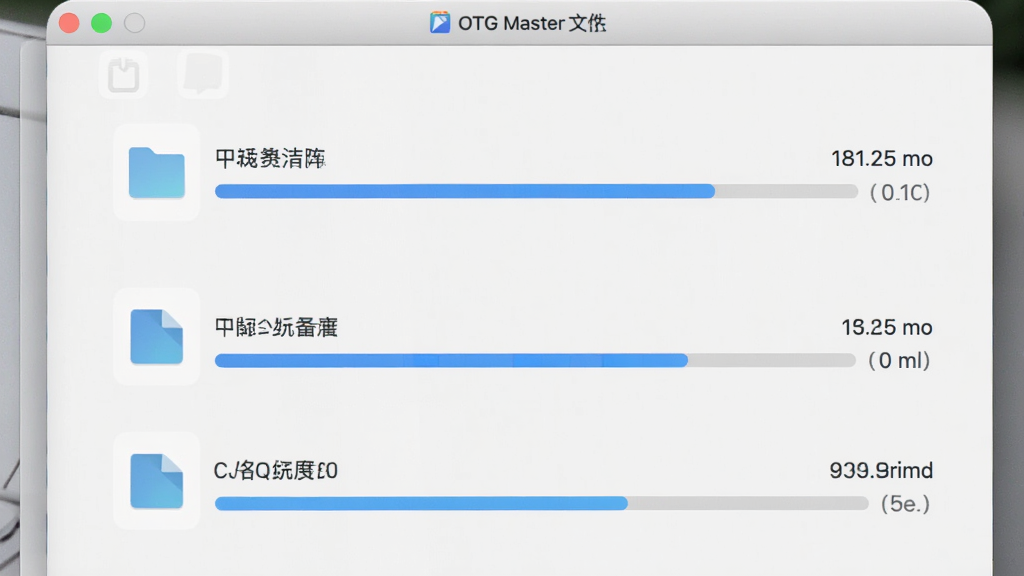 OTG Master文件传输界面,多个文件正在复制,显示进度条和速度,界面清爽,图标清晰,现代感设计,浅色背景,画质细腻,无多余元素