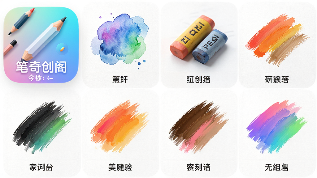 主体:画笔奇创阁软件图标和多种笔刷预览,画布上展示铅笔、水彩、油画棒等笔触效果,布局:笔刷列表横向排列,每个笔刷下方有名称标签,排版:网格状分布,清晰展示每种笔触质感,风格:清新明亮,细节:笔触纹理和颜色渐变自然,画质:高分辨率渲染,干净,无多余元素