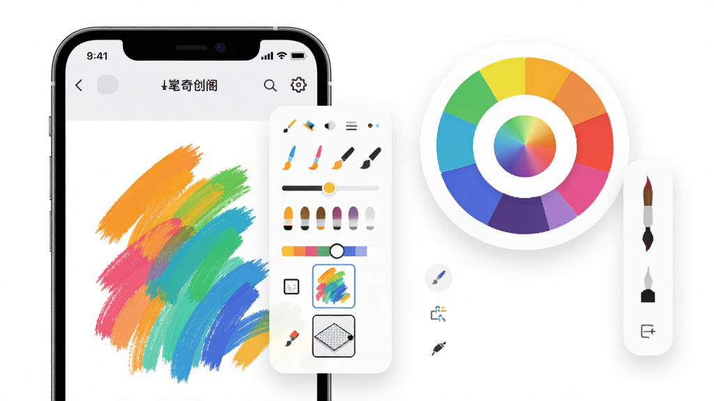 主体:画笔奇创阁应用界面展示,一部智能手机屏幕显示绘画主界面,画布上有彩色笔触和图层面板,布局:手机居中偏左,右侧悬浮圆形调色盘与笔刷选择器,排版:简洁清晰,界面元素排列有序,风格:现代扁平化设计,色彩明快,细节:笔刷图标、颜色滑块、图层缩略图清晰可见,画质:高清渲染,干净,无多余元素