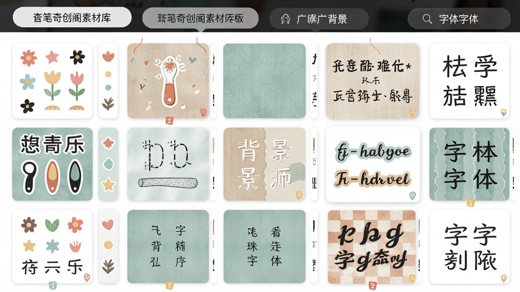 主体:画笔奇创阁素材库面板,展示贴纸、背景和字体分类,布局:素材网格铺满屏幕,顶部有分类标签,排版:缩略图整齐排列,风格:清新简约,细节:贴纸图案、纹理背景和字体样式预览,画质:清晰细腻,干净,无多余元素