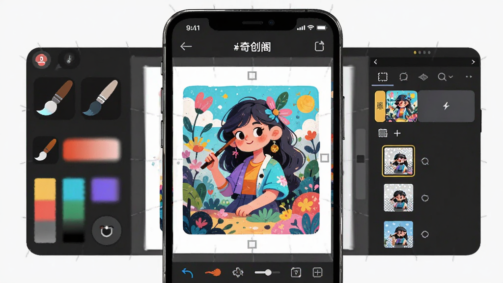 主体:画笔奇创阁应用在手机上运行,画布上展示一幅彩色插画,周围有工具栏和图层面板,布局:手机居中,画面明亮,排版:界面元素清晰,风格:时尚活泼,细节:笔刷图标、颜色条和图层缩略图可见,画质:超清渲染,干净,无多余元素