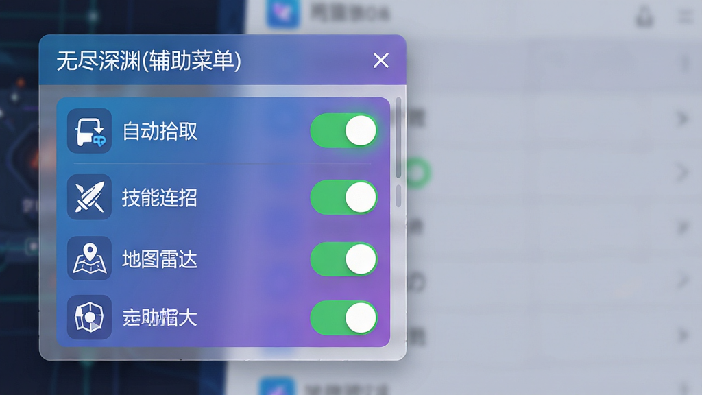主体:智能辅助菜单的悬浮窗特写,展示菜单展开后的完整功能列表,包括“自动拾取”、“技能连招”、“地图雷达”等开关。布局:悬浮窗位于屏幕左侧,半透明背景,上方是软件名称“无尽深渊(辅助菜单)”字样,下方是功能开关列表。排版:列表式布局,每个功能项有图标和文字说明,开关状态用绿色高亮显示。风格:扁平化设计搭配科技蓝紫渐变,现代感强。细节:开关有滑动动画,图标线条清晰。画质:高分辨率,界面干净,无多余元素。