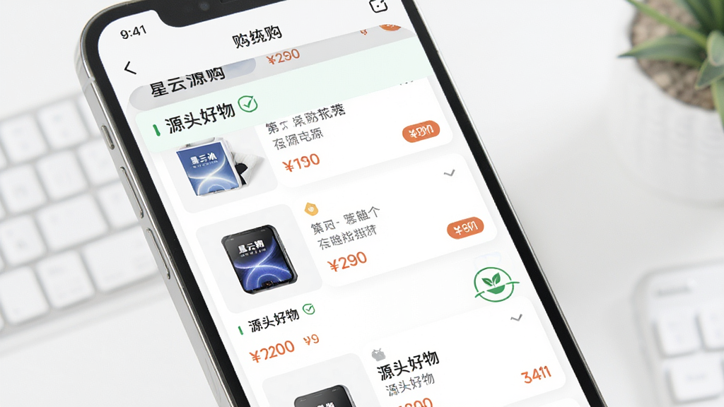 星云源购手机购物应用界面展示,主体为智能手机屏幕显示购物列表,布局清晰,排版现代简约,风格明亮清新,细节包括商品图片、价格标签和“源头好物”字样,画质高清,干净,无多余元素