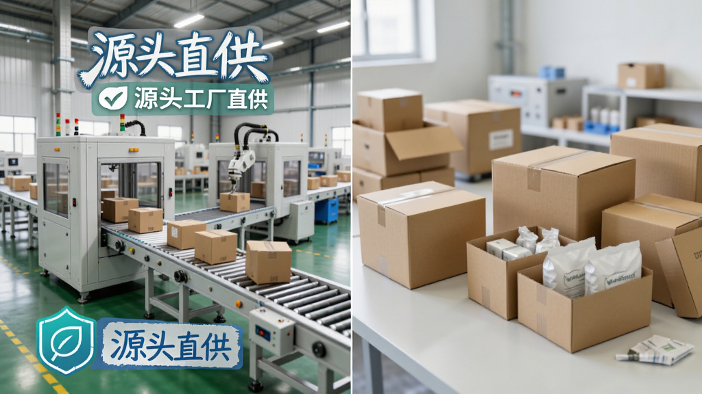 星云源购源头工厂直供概念图,主体为工厂生产线与商品打包场景,布局左右分栏,排版简洁,风格写实,细节包括“源头直供”文字标签、质检图标,画质清晰,干净,无多余元素