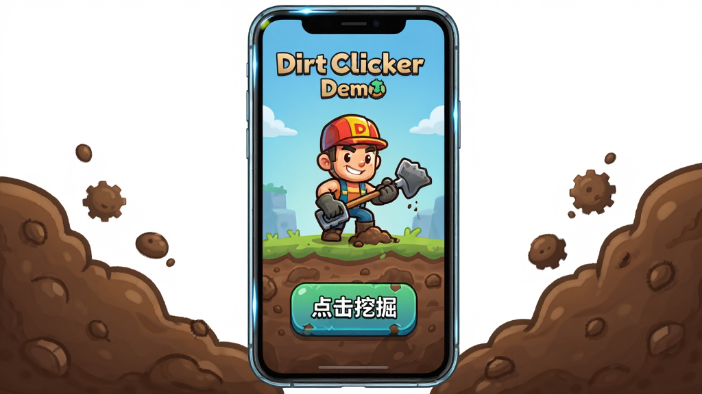 ���壺Dirt Clicker Demo��Ϸ��ɫ���ֻ������У�չʾ�������档���֣��ֻ���Ļ���У�������װ��������Ԫ�ء��Ű棺������ˣ�ͻ����Ϸ���档��񣺿Ƽ����뿨ͨ��ϡ�ϸ�ڣ��ֻ��߿�߹⣬��Ļ����ʾ������ھ򡱰�ť�����ʣ����壬�ɾ����޶���Ԫ�ء�