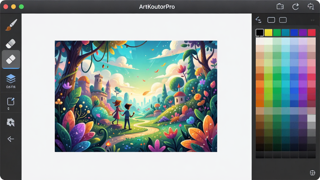 ArtKoutorPro������չʾ����๤�����������ʡ���Ƥ��ͼ���ͼ�꣬���뻭������һ��ɫ�ʷḻ�����ֲ廭���Ҳ�����ɫ��壬���岼�ּ���ִ����������������ϸ�ڷḻ�����ʸɾ��޶���Ԫ��