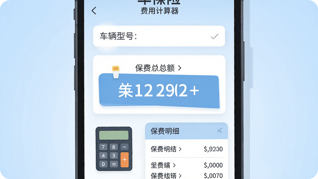 主体为一部智能手机屏幕显示车险费用计算器应用界面,界面风格简约现代,背景为浅蓝色渐变,手机下方有计算器图标和保费明细列表,布局居中,排版清晰,风格扁平化插画风,细节包括车辆型号输入框、保费总额数字突出显示,画质高清干净,无多余元素